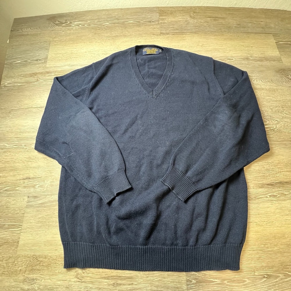 Brooks Brothers Sweater Mens L Navy Blue V-Neck 100% Cotton Made in USA Pullover